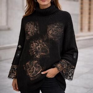 Elisa Cavaletti RARE - Black Lace Cuff Wool Blend Sweater